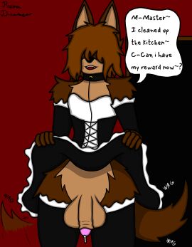 absurd_res anthro balls big_balls big_penis bodily_fluids bottomwear brown_body brown_fur brown_hair canid canine clothed clothing clothing_lift collar crossdressing dialogue dripping femboy fluffy footwear fur genital_fluids genitals hair hi_res hidden_eyes leash legwear maid_uniform male mammal penis precum precum_drip reena_dreamer short_hair skirt skirt_lift sleeves socks solo solo_focus stockings submissive tail tail_motion tailwag thick_thighs thigh_highs thigh_socks uniform