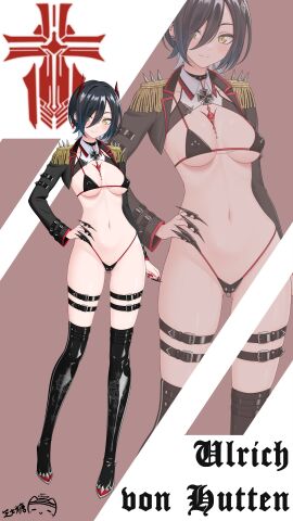 1girls azur_lane belt black_footwear black_hair boots breasts character_name clitoris clitoris_piercing closed_mouth colored_inner_hair cross ear_piercing earrings epaulettes female full_body hand_on_own_hip highres iron_blood_(azur_lane) iron_cross jewelry light-skinned_female light_blush light_skin long_bangs looking_at_viewer medium_breasts multicolored_hair navel nipple_piercing nipples piercing ppshex pussy pussy_piercing revealing_clothes short_hair signature smile solo stomach thigh_belt thigh_strap ulrich_von_hutten_(azur_lane) white_hair