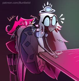 2girls angel ass ass_grab ass_worship blue_eyes bunibelol cunnilingus eating_ass eating_out emily_(hazbin_hotel) female female/female female_angel/female_demon female_demon/female_angel female_only freckles freckles_on_ass freckles_on_face grey_body grey_hair halo hazbin_hotel lesbian_sex long_hair niffty rimming skirt skirt_lift standing_on_chair table tongue yuri