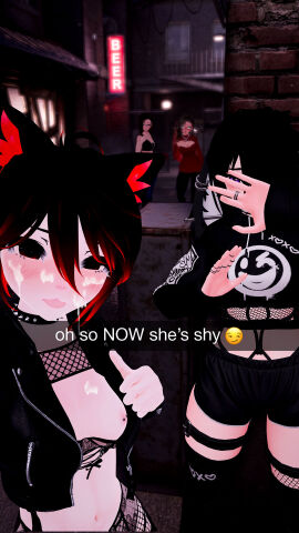 3d 3d_model alley alleyway bar black_hair breasts bunny_ears bunny_girl caption cat_ears cat_girl catgirl caught caught_in_the_act choker cum_on_breasts cum_on_face emoji exhibitionism exhibitionist facial female fishnets flashing flashing_breasts futanari garter_belt hiding hiding_face highlights_(coloring) hoodie implied_futa intersex lace lace_trim leather leather_jacket light-skinned_female light_skin neon_lights neon_sign nipple_piercing nipples outdoors outside pale-skinned_female pale_skin people_in_background piercing piercings public selfie short_hair shorts small_breasts snapchat snapchat_sexting spiked_collar stranger streetwear tagme thighhighs thighs tooty_fruity virtual_reality virtual_youtuber vrchat vrchat_avatar vrchat_media vrchat_model vtuber watching