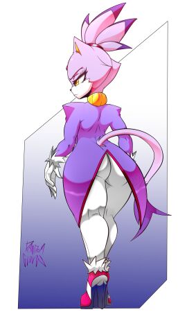 alternate_version_available anthro ass back_view blaze_the_cat cat_ears cat_tail feline female full_body fully_clothed furry furry_female furry_only gloves glovesrandom heels high_heels purple_dress purple_fur sonic_(series) sonic_the_hedgehog_(series) standing thick_ass watermark white_background white_pants yellow_eyes