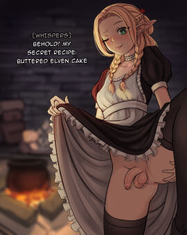 anus apron black_thighhighs blonde_hair braid breasts cauldron clothes_lift dungeon_meshi elf female fire flaccid futa_without_pussy futanari green_eyes half_up_braid highres liliacineris maid maid_apron marcille_donato no_panties one_eye_closed penis perineum pointy_ears side_braids skirt skirt_lift small_breasts spread_anus spreading_own_anus testicles thighhighs tongue tongue_out