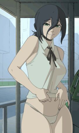 1girls <1_second_video animated bare_shoulders big_breasts black_hair bra breasts chainsaw_man female green_eyes hair_between_eyes hair_bun large_breasts light-skinned_female light_skin looking_at_viewer medium_hair navel nichiroart panties reze_(chainsaw_man) shirt_lift shirt_up shorter_than_10_seconds shorts shorts_down smile solo tagme twistedgrim underwear white_panties wide_hips