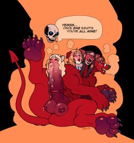 2020s 2025 3_heads absurd_res animal_genitalia animal_penis balls blackshirtboy blonde_hair bodily_fluids boob_balls bow_tie breasts breath brown_hair canine_demon cigarette claws closed_eyes cock_transformation cum dialogue digital_media_(artwork) duo english_text equine_genitalia equine_penis erection eyewear floating_skull fur futanari genital_fluids genitals glasses glowing_red_eyes hair hi_res human intersex male mammal multi_head nude open_mouth pawpads penis penis_transformation red_body red_fur round_glasses sharp_teeth smile spade_tail species_transformation tail teeth text transformation