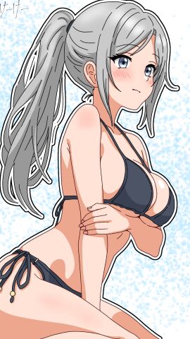 bikini blush breasts d4dj female japanese_text keekee_(kk_d4ni) niijima_ibuki swimsuit watermark