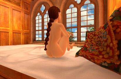 3d casual female fully_nude human lara_croft lara_croft_(classic) nonsexual nonsexual_nudity nudist pale_skin sitting_down tomb_raider tomb_raider_remastered
