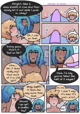 1boy 1girls anal anal_insertion anal_penetration anal_sex bed blonde-haired_male blonde_hair blue_hair blush choker colin_(welcome_to_heaven) color_coded_speech_bubble comic dark-skinned_female dark_skin dialogue dominant_female ear_piercing english_text face_to_face female femdom freckles gentle_femdom indoors interracial light-skinned_male light_skin lip_piercing lying_on_back male male/female male_penetrated malesub nonbinary pegging pretty_boy question_mark sae_(welcome_to_heaven) sex slow_penetration speech_bubble straight strap-on strapon submissive_male sweat text_bubble thought_bubble welcome_to_heaven x-ray