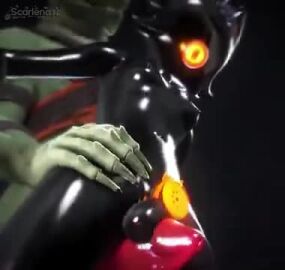 1boy 1futa balls_on_penis big_dom_small_sub cat_ears chastity_cage dominant_male futa futanari futasub green_skin latex_bodysuit latex_suit male male/futa male_on_futa moaning reptile_boy scarlena4 small_breasts sound submissive_futa tagme thighjob video