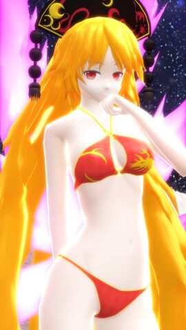 1girls 2023 3d bikini cosmic_background deity energy_tail female female_only hat hati_yukkuri_mmd headwear jpeg junko_(touhou) long-haired_female looking_at_viewer mmd moon orange-haired_female red-eyed_female red_bikini stars swimsuit touhou uncanny_valley white-skinned_female
