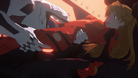 1boy 1girls 3d absurdres alternate_size asuka_langley_sohryu blue_eyes bodysuit breasts cockpit commentary cunnilingus english_commentary female ginger ginger_hair hair_between_eyes highres interspecies light-skinned_female light_skin long_hair male mass_production_eva medium_breasts monster nagoonimation neon_genesis_evangelion open_mouth oral pilot_suit plugsuit red_bodysuit red_plugsuit straight the_end_of_evangelion torn_bodysuit torn_clothes twintails