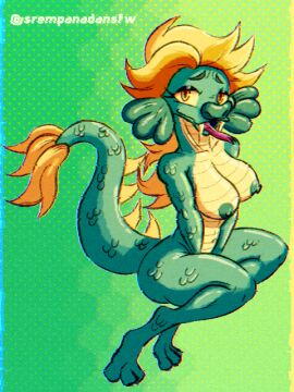 anthro areola big_fangs blonde_hair breasts fangs female female_only finley_(indigo_park) genderswap genderswap_(mtf) green_areola green_body hair indigo_park looking_at_viewer mtf_crossgender multicolored_body nude open_mouth rule_63 scales sea_serpent solo sr_empanada teeth tongue yellow_eyes yellow_sclera