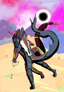 anthro backsack balls ballsack black_sclera blue_body blue_fur blush clothed clothing dagger desert duo ear_piercing ear_ring eclipse facial_piercing feathers fur furgonomics genitals hand_holding headgear headwear heart_symbol hi_res male male/male mammal melee_weapon mountain nose_piercing nose_ring partially_clothed penetration piercing pink_eyes red_body red_fur ring_piercing sand teal_eyes unknown_species weapon yhr'ytr