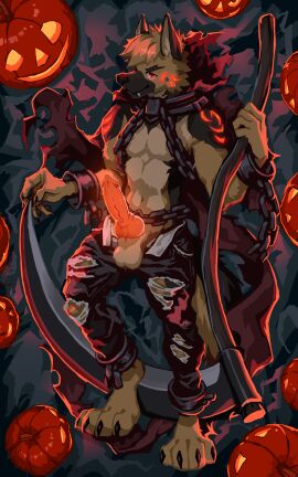 2d 2d_(artwork) absurd_res animal_genitalia animal_penis anthro balls bladed_weapon bottomwear broken_chain broken_restraints canid canine canine_genitalia canine_penis canis chained_cuffs chains clothed clothing dakimakura dakimakura_design decker_(deckershepherd) denim denim_bottomwear denim_clothing domestic_dog fangs genitals german_shepherd glowing glowing_eyes glowing_genitalia glowing_markings glowing_penis halloween herding_dog hi_res holidays jack-o'-lantern jeans kogi lying male mammal markings melee_weapon on_back pants pastoral_dog penis polearm restraints scythe solo solo_focus teeth toned toned_body topless torn_bottomwear torn_clothing torn_jeans torn_pants unzipped unzipped_pants weapon zipper
