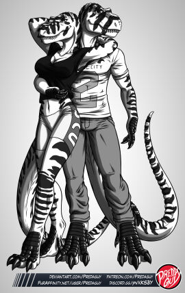 1boy 1girls anthro black_and_white dinosaur dinosaur_boy dinosaur_girl female male predaguy scalie shorts sports_shorts tail