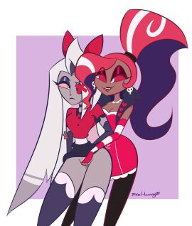 2girls angel breasts dark-skinned_female dark_skin demon duo fallen_angel female female/female female_only grey_body hair hazbin_hotel hellaverse masturbation multiple_females multiple_girls nipples open_mouth open_smile partially_clothed pussy red_hair sex smile standing starlightpearl thick_thighs tongue vaggie_(hazbin_hotel) vaginal_masturbation velvette white_body yuri zexal-bunny20