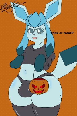 2:3 absurd_res anthro blackyumbreon bulge clothing eeveelution eyewear femboy feral generation_4_pokemon glaceon glasses halloween hi_res holidays leather male male_focus male_only nintendo pokemon pokemon_(species) solo