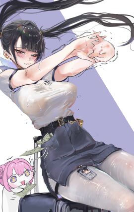 absurdres banknote belt black_hair breasts doro_(nikke) dorothy_(nikke) female goddess_of_victory:_nikke highres koto_omikami large_breasts money pantyhose see-through_clothes see-through_legwear shirt sitting sitting_on_object skirt sora_(nikke) stretching tight_clothes twintails white_pantyhose white_shirt