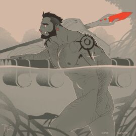 2024 abs areola arm_hair bag bara beard biceps big_muscles body_hair bonfiredemon chest_hair convenient_censorship dark-skinned_male dark_skin deltoids ear_piercing ear_ring eyebrows facial_hair facial_piercing hair hi_res humanoid humanoid_pointy_ears leg_hair male male_only mammal melee_weapon mohawk muscles muscular muscular_humanoid muscular_male nails nipples nose_piercing nose_ring nude orc orc_male outside partially_submerged partially_underwater_shot pecs piercing plant pointy_ears polearm raft restricted_palette ring_piercing roots scar serratus signature skinny_dipping solo solo_male spear swamp tattoo teeth tree tusks underwater vein walking water weapon yaoi