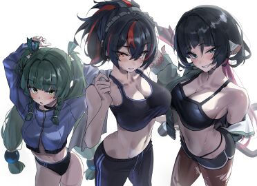 3girls :o absurdres android animal_ears arms_up black_choker black_hair black_pants black_sports_bra blue_jacket blush body_markings bottle breasts choker cleavage cropped_jacket female fingernails green_eyes green_hair green_jacket high_ponytail highres holding holding_bottle holding_towel jacket jane_doe_(zenless_zone_zero) long_sleeves looking_at_viewer medium_breasts mouse_ears mouse_girl mouse_tail multicolored_hair multiple_females multiple_girls pants ponytail qingyi_(zenless_zone_zero) red_eyes red_hair simple_background smile sports_bra sweat tail tora_(kumo_sakamoto) towel track_pants twintails two-tone_hair white_background yoga_pants zenless_zone_zero zhu_yuan