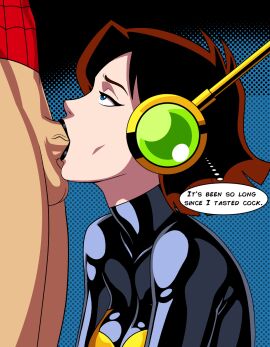 1boy 1girls black_lipstick blowjob cheating cheating_girlfriend deepthroat female janet_van_dyne latex_suit male marvel marvel_comics partial_male short_hair spider-man the_avengers:_earth's_mightiest_heroes wasp_(earth's_mightiest_heroes) wasp_(marvel)