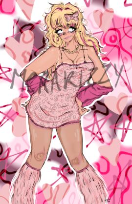 1girls blonde_hair blush blushing_female breasts brostep cleavage connie_(kirizzyy) female female_human female_only geometric_background girl girl_only girl_solo girls_only girly gyaru kirizzyy large_breasts leopard_print looking_away looking_up necklace pink_background pink_bow pink_dress pink_highlights pink_lips safe sfw smirk smirking solo solo_female solo_focus tan_body tan_lines tan_skin tanned_skin watermark