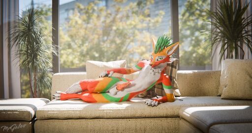 3d animal_genitalia animal_penis anthro balls blender_(artwork) blender_cycles bodily_fluids canine_genitalia canine_penis cum digital_media_(artwork) erection feathers fur furniture genital_fluids genitals hi_res knot looking_at_viewer lying male mammal mrgaleo nude on_side penis rexouium smile sofa solo tail