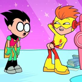 dc dc_comics dick_grayson gay joetoonsfw kid_flash_(teen_titans_go!) kid_flash_(wally_west) male robin_(dc) robin_(dick_grayson) robin_(teen_titans_go!) tease teasing teen_titans_go torn_clothes torn_clothing torn_pants torn_spandex wally_west yaoi