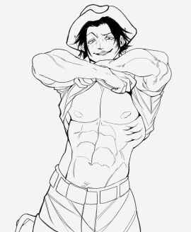 1boy 2023 adult_only black_and_white bluefriedchick hat human_artist line_art looking_at_viewer male male_only muscular muscular_male no_ai no_visible_genitalia one_piece portgas_d_ace smile solo solo_focus undressing
