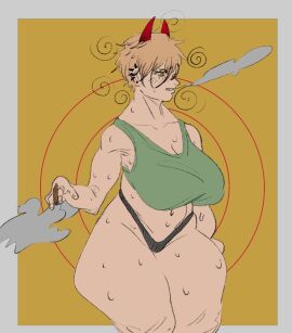 almost_naked almost_nude ass big_areola big_breasts big_thighs blush breasts cerdrlb chainsaw_man cigarette devil devil_horns ear_piercing earrings female meaty_ass meaty_thighs milf panties power_(chainsaw_man) red_eyes short_hair smoke smoking sweat sweatdrop sweating tank_top tank_top_lift thick_ass thick_thighs thong thong_pull