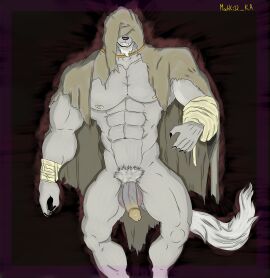 abs absurd_res anthro balls bandage bandaged_arm beard big_balls brown_nose bulge canid canine canis claws clothing cosmic_background covered_face dress elden_ring facial_hair fangs fromsoftware fur genitals gradient_background grey_body grey_fur gurranq_(elden_ring) hi_res humanoid illuminated long_penis long_tail machki macro_focus macro_male male mammal mantle muscular muscular_anthro muscular_male mythological_canine mythological_creature mythology nipples pecs penis pubes pubic_fuzz simple_background solo space space_background stomach_bulge tail teeth thick_penis torn_clothing torn_dress werecanid werecanine werecreature werewolf wolf
