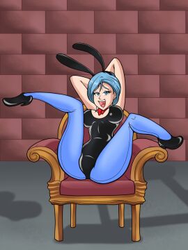 1girls armpits arms_behind_head bare_shoulders blue_eyes blue_hair bondage bowtie bulma bulma_(bunny) bulma_briefs bunny_ears bunnysuit chair chair_bondage dragon_ball dungeon female femsub happy_sub high_heels looking_at_viewer riccardus97 sex_slave shueisha slave sole_female spread_legs submissive_female