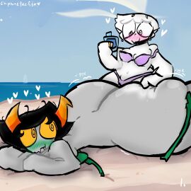 2girls alien applying_sunscreen beach bikini black-haired_female blonde-haired_female blonde_hair canon_couple chiptunep colored_skin female female_only grey_skin homestuck homestuck_troll horn horns kanaya_maryam long-haired_female long_hair lotion married_couple mostly_nude multiple_females multiple_girls rose_lalonde short-haired_female short_hair sunscreen troll wife_and_wife yuri