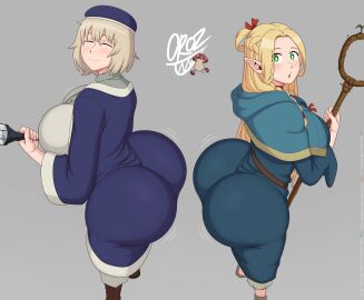 2girls ass big_ass big_breasts blonde_hair bottom_heavy breasts bubble_ass bubble_butt closed_eyes clothed dungeon_meshi elf elf_ears elf_female falin_touden female female_only green_eyes hair_ribbon hat huge_ass huge_breasts light_skin long_hair marcille_donato multiple_females multiple_girls open_mouth oroz-kun pointy_ears ponytail ribbon short_hair sideboob smile staff thick_thighs thighs walking_mushroom_(dungeon_meshi) white_hair wide_hips yamathegod_(style)