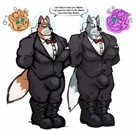 2022 absurd_res anothermeekone anthro at_attention big_bulge biped black_boots black_clothing black_footwear black_nose bodyguard boots bow_tie brainwashing bulge canid canine canis clothed clothing dialogue digital_media_(artwork) dipstick_tail duo english_text facial_hair footwear fox fox_mccloud fur green_eyes grey_body grey_fur hands_behind_back hi_res hypnosis male male_only mammal markings mind_control multicolored_body multicolored_fur muscular muscular_anthro muscular_male nintendo red_bow_tie simple_background speech_bubble spiral spiral_eyes star_fox suit tail tail_markings teeth text two-tone_body two-tone_fur white_body white_fur wolf wolf_o'donnell