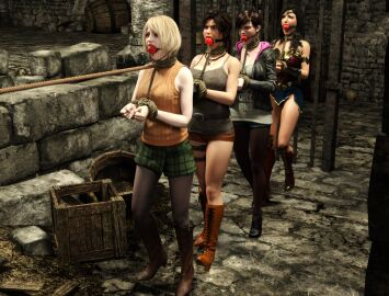 3d 4girls ashley_graham ashley_graham_(ella_freya) ball_gag black_hair blonde_hair bound bound_wrists brown_hair clothed_bondage coffle dc dc_comics female gag gagged lara_croft lara_croft_(survivor) miniskirt moira_burton multiple_females multiple_girls resident_evil resident_evil_4 samsa23 skirt tomb_raider tomb_raider_(survivor) wonder_woman wonder_woman_(series)