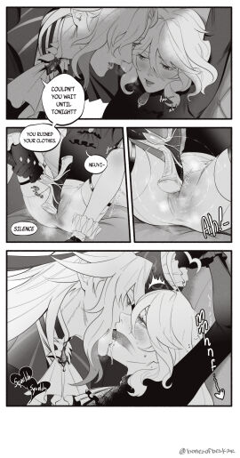 1boy 1girls absurd_res ahoge bishonen black_and_white blush bonesofbeskar cane clothed comic comic_page deep_tongue dialogue drool drool_string drooling english english_text eyes_rolling_back female french_kiss french_kissing furina_(genshin_impact) genshin_impact gentle_maledom gloves heart heart_ahoge heterochromia highres holding_wrists horny_female kissing long_hair long_tongue male male/female neuvillette_(genshin_impact) open_eyes open_mouth pleasure_face pressing_against pretty_boy pussy rubbing rubbing_pussy seductive_look shorts sitting speech_bubble thigh_strap tongue_in_mouth wet_pussy wet_shorts white_hair