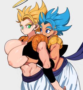 2d 2girls abs athletic athletic_female big_breasts blonde-haired_female blonde_hair blue-eyed_female blue-haired_female blue_eyes blue_hair breasts breasts_out corelessmoter dragon_ball dragon_ball_super dragon_ball_z dragon_ball_z:_fusion_reborn dual_persona exposed exposed_breasts female female_focus female_gogeta female_only female_saiyan fit fit_female fondling_breast freckles fusion fusion_character fusion_dance genderswap genderswap_(mtf) gogeta grabbing grabbing_breasts green-eyed_female green_eyes groping groping_breasts groping_from_behind halo inverted_nipples light-skinned_female light_skin metamoran_clothing multiple_females multiple_girls nipples rule_63 saiyan saiyan_female selfcest son_goku square_crossover super_form super_saiyan super_saiyan_blue tagme vegeta white_background