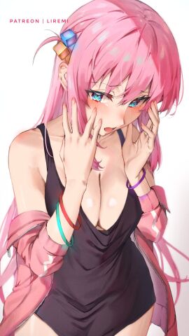 1girls absurd_res absurdres bare_shoulders black_top black_topwear blue-eyed_female blue_eyes blush blush_lines bocchi_the_rock! breasts cleavage collarbone embarrassed embarrassed_female female female_focus female_only fingernails fingers gotou_hitori hair_between_eyes hair_ornament hands_on_face high_resolution highres jacket jacket_off_shoulders light-skinned_female light_skin lips liremi long_hair looking_at_viewer medium_breasts off_shoulder open_mouth pink-haired_female pink_hair pink_jacket shoulders simple_background solo student teenager topwear upper_body white_background