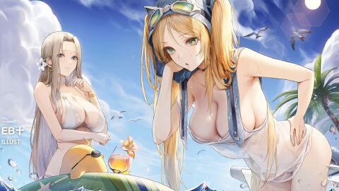 2girls ass azur_lane bare_shoulders bikini bird black_bikini blonde_hair blue_eyes blue_sky blush breasts cg chick choker cleavage cloud copyright_name day female front-tie_top green_eyes grin hat hornet_(azur_lane) hornet_ii_(azur_lane) hornet_ii_(racing_across_the_waves!)_(azur_lane) jacket large_breasts long_hair looking_at_viewer looking_back manjuu_(azur_lane) multiple_females multiple_girls navel ocean official_alternate_costume official_art one_eye_closed outdoors parted_lips sky smile standing stomach sun_hat swimsuit thigh_strap thighs twintails very_long_hair wading water wet white_bikini white_hair white_headwear yorktown_(azur_lane) yorktown_ii_(azur_lane) yorktown_ii_(bright-sky_mermaid)_(azur_lane)