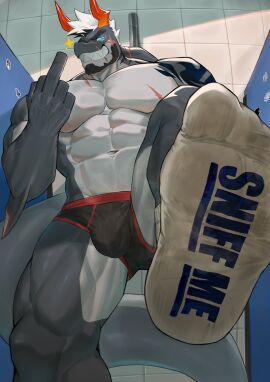 2025 2_horns abs absurd_res anthro any_sock_wear_pose arm_tattoo barazoku bathroom black_facial_hair black_hair blue_eyes bulge cheek_scar chest_scar clothing dorsal_fin elbow_fin ethan_shax facial_hair facial_scar fin fin_scar fish footwear gesture grey_body grey_scales hair hand_gesture hi_res horn lip_scar low-angle_view male marine meme middle_finger muscular muscular_anthro muscular_male navel pecs public_restroom red_body red_horn red_scales restroom_stall scales scar shark sharp_teeth shoulder_tattoo smile sniff_me socks solo sticker tail tattoo teeth text text_on_clothing text_on_footwear text_on_socks tile tile_wall toilet vein veiny_muscles wall_(structure) white_body white_clothing white_footwear white_hair white_scales white_socks worm's-eye_view yz_z