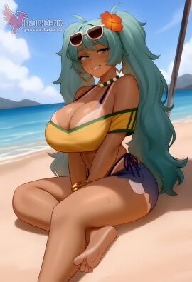 1girls 2d ai_generated aqua_hair ass barefoot big_ass big_breasts bikini bracelet brazilian_miku breasts dark-skinned_female earrings erophoenix eyewear_on_head feet full_body grin hair_flower hair_ornament hatsune_miku huge_breasts jewelry kneeling long_hair looking_at_viewer looking_back nail_polish patreon_username shorts smile soles solo solo_female sunglasses swimsuit tan tellow_shirt thick thick_thighs toes uncensored vocaloid