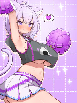 adapted_costume animal_ears armpits black_shirt blush breasts cat_ears cat_girl cat_tail cheerleader crop_top crop_top_overhang default_skin female heart highres hololive hololive_gamers hololive_japan hood hoodie kani_bonara large_breasts looking_at_viewer midriff navel nekomata_okayu pom_pom_(cheerleading) purple_eyes purple_hair shirt short_hair skirt solo speech_bubble spoken_heart star_(symbol) star_in_eye stomach symbol_in_eye tail underboob virtual_youtuber white_skirt