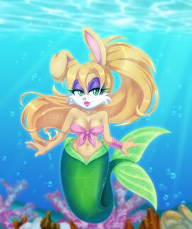 1girls 2020 5_fingers alternate_species archie_comics blonde_hair breasts bunnie_rabbot digital_media_(artwork) eyelashes eyeshadow female fingers fish_tail green_eyes hair lagomorph legless leporid lipstick long_hair looking_at_viewer makeup mammal marine merfolk mermaid_tail mermaidification metalpandora pink_nose purple_eyeshadow rabbit solo sonic_(series) sonic_the_hedgehog_(archie) sonic_the_hedgehog_(comics) sonic_the_hedgehog_(series) split_form tail underwater water watermark