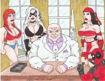 2boys 3girls alternate_costume black_cat_(marvel) black_hair blonde_hair bodysuit breasts crash2014 deadpool elektra_natchios felicia_hardy female male marvel marvel_comics mary_jane_watson mind_control president red_hair sketch submissive_female swimsuit tagme white_hair wilson_fisk