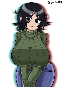 1girls ass big_ass big_breasts big_thighs black_eyes black_hair breasts eyeshadow female female_focus female_only gigantic_breasts hollie_hawkes huge_ass huge_breasts huge_thighs hyper_breasts jeans pants scott_pilgrim seireiart short_hair solo solo_female sweater tagme thick_hips thick_thighs thighs