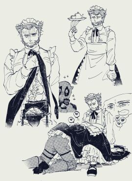 .. 2boys abs all_fours apron ass azuko_(@zuco) beard blush cigar claw_(weapon) clenched_hands closed_mouth clothes_lift crossdressing cup deadpool deadpool_&_wolverine_(2024) facial_hair frilled_skirt frills garter_belt garter_straps gay gloves hairy head_under_another's_clothes head_under_skirt heart implied_fellatio implied_oral lifting_own_clothes lingerie long_skirt long_sleeves looking_at_viewer maid maid_apron maid_dress maid_headdress maid_outfit maid_uniform male male_focus male_only marvel marvel_cinematic_universe marvel_comics mask monochrome mouth_hold multiple_boys multiple_males muscular muscular_male panties short_hair skirt spoken_ellipsis spoken_heart stocking superhero_costume teacup thighs tray turn_pale under_another's_clothes under_skirt underwear weapon wolverine_(x-men) x-men yaoi