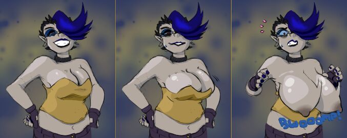 absurd_res big_breasts black_hair blue_hair blush breast_expansion breast_growth breast_growth_(enlargement) breasts bursting_out_of_clothing choker clothing curvy_figure ear_piercing ear_ring expansion eyewear female fingerless_gloves gloves grin growth hair handwear hi_res hourglass_figure hourglass_figured_female hourglass_figured_humanoid huge_breasts humanoid jewelry midriff mona_crescendo multicolored_hair necklace nipples pale_skin piercing ring_piercing sequence shirt sloppyheadwind smile solo sound_effects sunglasses tongue tongue_out topwear transformation tube_top two-tone_hair vampire yellow_clothing yellow_shirt yellow_topwear