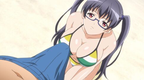 1boy beach bikini breasts curvy curvy_figure erection erection_under_clothes eroge!_h_mo_game_mo_kaihatsu_zanmai female glasses kosaka_iori large_breasts looking_up_at_partner male screencap stitched subtitled twintails