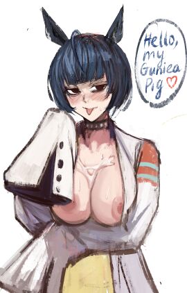 agnes_tachyon_(umamusume) big_breasts blue_hair blush breasts breasts_out brown_eyes cat_ears choker cosplay cum cum_on_body cum_on_breasts cumshot fully_clothed huge_breasts looking_at_viewer necktie nero_watch nipples persona_5 shirt tae_takemi tongue_out umamusume