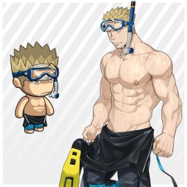 1boy abs absurdres bara beard_stubble bodysuit chibi cowboy_shot diving_mask diving_suit ero_condo facial_hair frown goggles goggles_on_head groin highres kienbiu large_pectorals looking_at_viewer male male_focus male_only muscular muscular_male navel nipples no_visible_genitalia official_alternate_costume paid_reward_available pectorals penis penis_peek punt_(kienbiu) shaved_body short_hair simple_background solo standing stomach stubble swimming_fins topless_male wet wetsuit yaoi